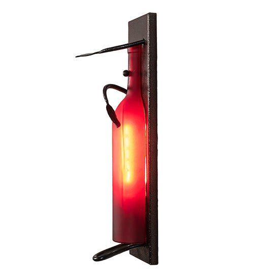 Meyda Lighting Tuscan Vineyard 4" Textured Black & Copper Vein Wall Sconce With Red Sandblasted Wine Bottle Shade Glass