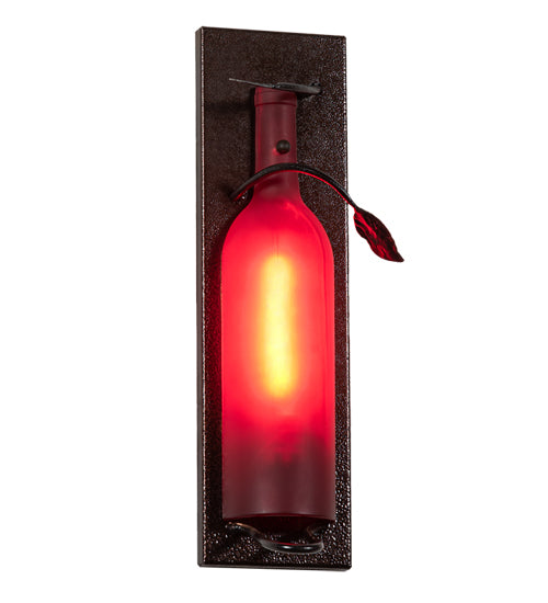 Meyda Lighting Tuscan Vineyard 4" Textured Black & Copper Vein Wall Sconce With Red Sandblasted Wine Bottle Shade Glass
