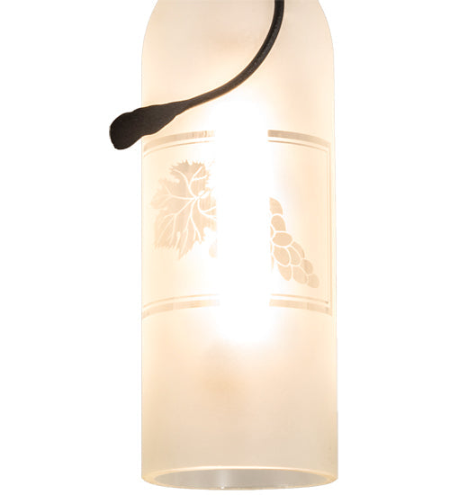 Meyda Lighting Tuscan Vineyard 4" Textured Black Mini Pendant Light With Clear Sanblasted Grapes Wine Bottle Shade Glass