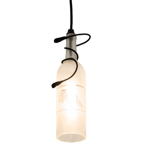 Meyda Lighting Tuscan Vineyard 4" Textured Black Mini Pendant Light With Clear Sanblasted Grapes Wine Bottle Shade Glass