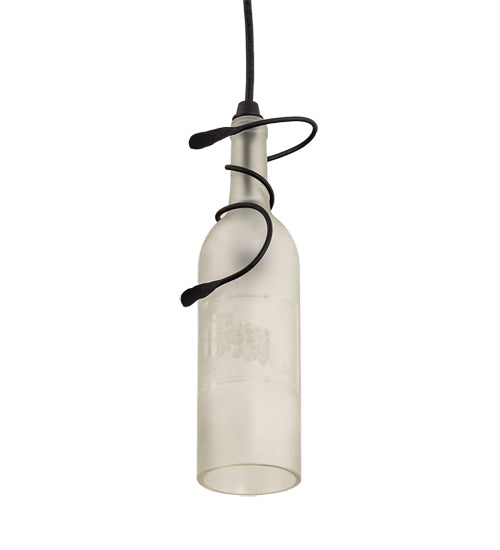 Meyda Lighting Tuscan Vineyard 4" Textured Black Mini Pendant Light With Clear Sanblasted Grapes Wine Bottle Shade Glass