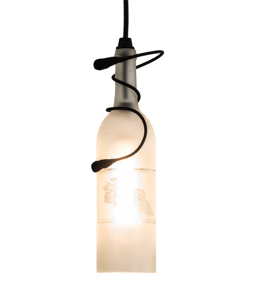 Meyda Lighting Tuscan Vineyard 4" Textured Black Mini Pendant Light With Clear Sanblasted Grapes Wine Bottle Shade Glass