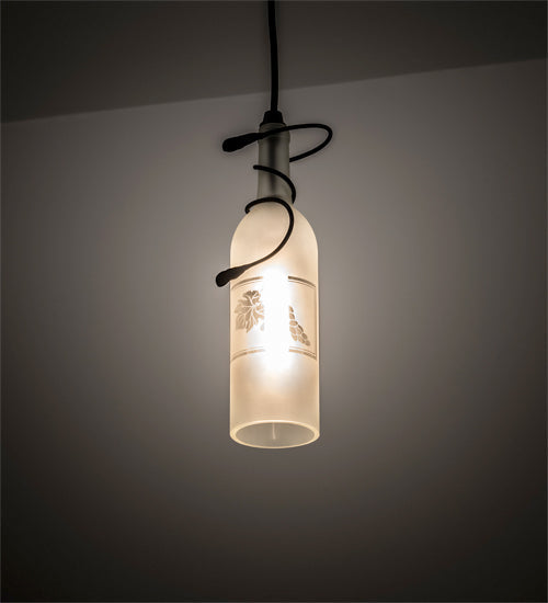 Meyda Lighting Tuscan Vineyard 4" Textured Black Mini Pendant Light With Clear Sanblasted Grapes Wine Bottle Shade Glass