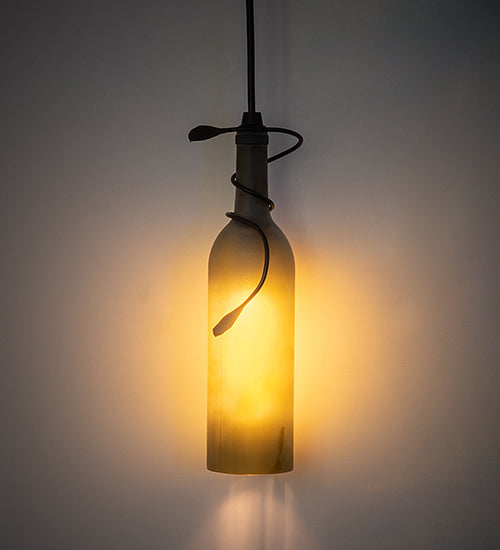 Meyda Lighting Tuscan Vineyard 4" Textured Black Mini Pendant Light With Frosted Green Wine Bottle Shade Glass