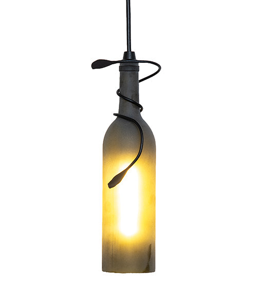 Meyda Lighting Tuscan Vineyard 4" Textured Black Mini Pendant Light With Frosted Green Wine Bottle Shade Glass