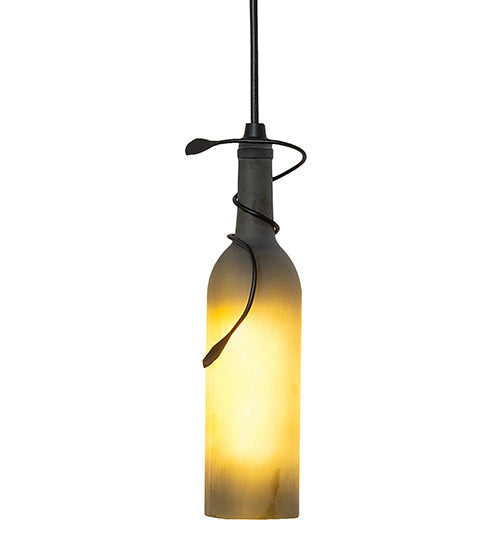 Meyda Lighting Tuscan Vineyard 4" Textured Black Mini Pendant Light With Frosted Green Wine Bottle Shade Glass