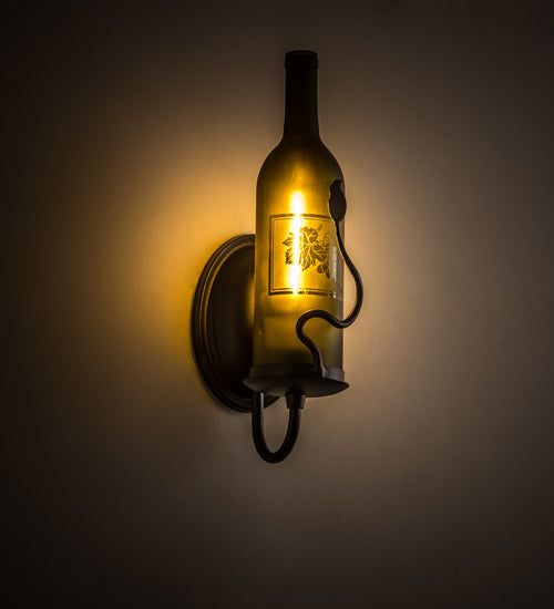 Meyda Lighting Tuscan Vineyard 4" Textured Black Wall Sconce With Green Wine Bottle Etched Grapes Shade Glass