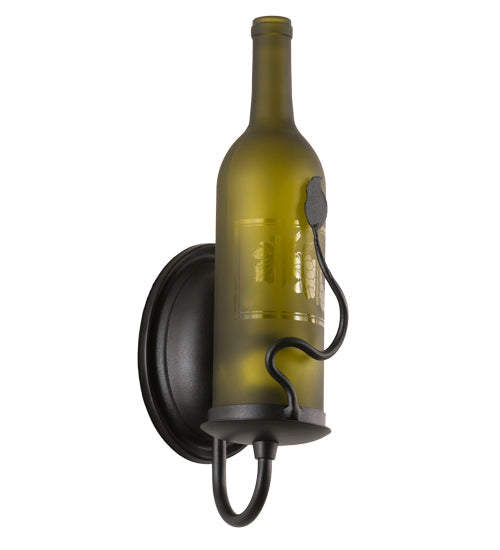 Meyda Lighting Tuscan Vineyard 4" Textured Black Wall Sconce With Green Wine Bottle Etched Grapes Shade Glass