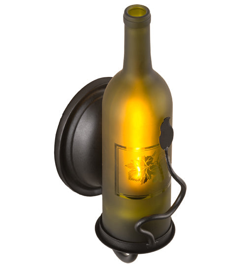 Meyda Lighting Tuscan Vineyard 4" Textured Black Wall Sconce With Green Wine Bottle Etched Grapes Shade Glass