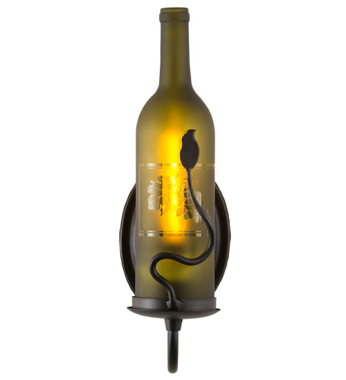 Meyda Lighting Tuscan Vineyard 4" Textured Black Wall Sconce With Green Wine Bottle Etched Grapes Shade Glass