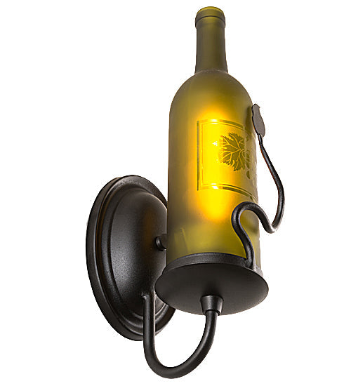 Meyda Lighting Tuscan Vineyard 4" Textured Black Wall Sconce With Green Wine Bottle Etched Grapes Shade Glass