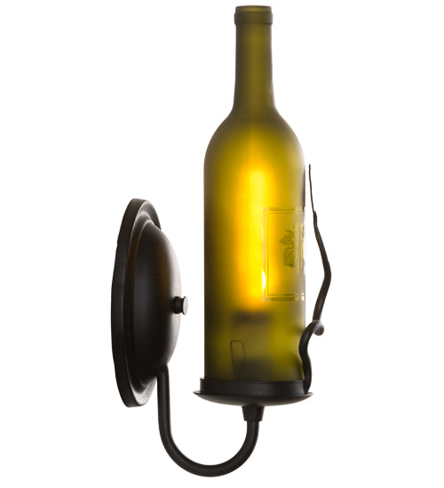 Meyda Lighting Tuscan Vineyard 4" Textured Black Wall Sconce With Green Wine Bottle Etched Grapes Shade Glass