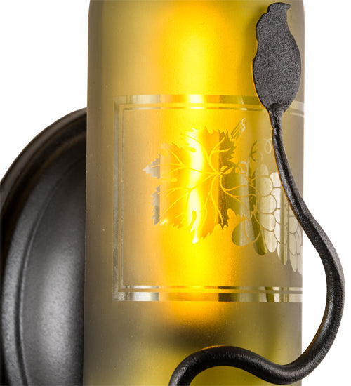 Meyda Lighting Tuscan Vineyard 4" Textured Black Wall Sconce With Green Wine Bottle Etched Grapes Shade Glass
