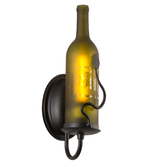 Meyda Lighting Tuscan Vineyard 4" Textured Black Wall Sconce With Green Wine Bottle Etched Grapes Shade Glass
