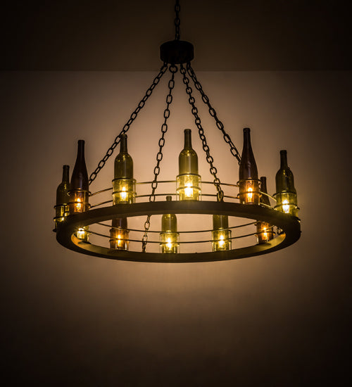 Meyda Lighting Tuscan Vineyard 42" 12-Light Flat Black Chandelier With Amber & Green Wine Bottle Shade Glass