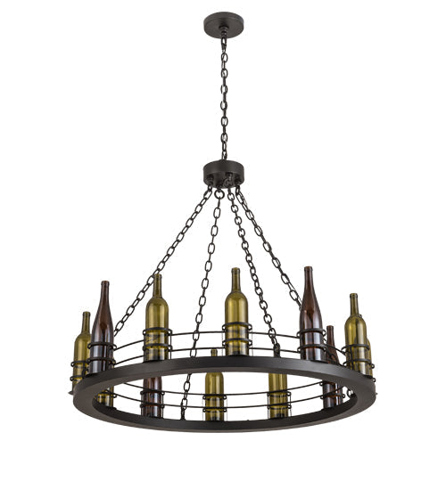 Meyda Lighting Tuscan Vineyard 42" 12-Light Flat Black Chandelier With Amber & Green Wine Bottle Shade Glass