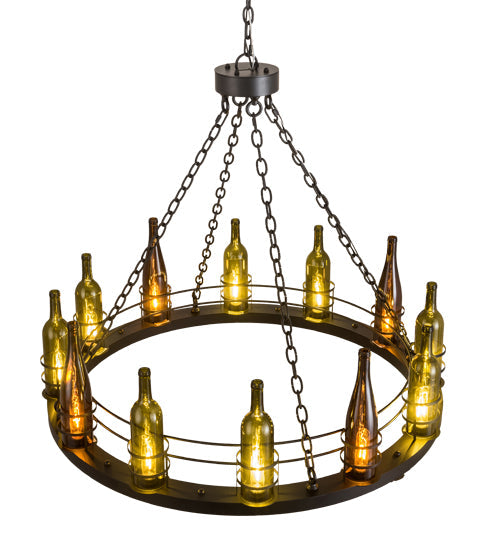 Meyda Lighting Tuscan Vineyard 42" 12-Light Flat Black Chandelier With Amber & Green Wine Bottle Shade Glass