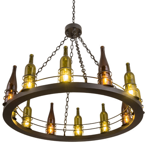 Meyda Lighting Tuscan Vineyard 42" 12-Light Flat Black Chandelier With Amber & Green Wine Bottle Shade Glass