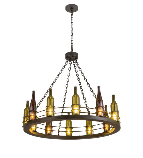 Meyda Lighting Tuscan Vineyard 42" 12-Light Flat Black Chandelier With Amber & Green Wine Bottle Shade Glass