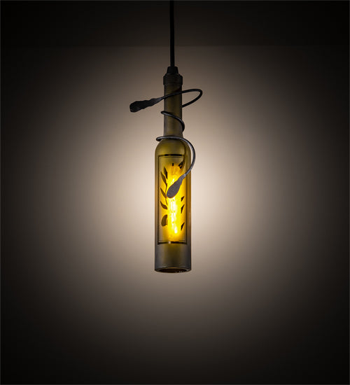Meyda Lighting Tuscan Vineyard 5" Black Etched Olive Branch Mini Pendant Light With Green Wine Bottle Shade Glass