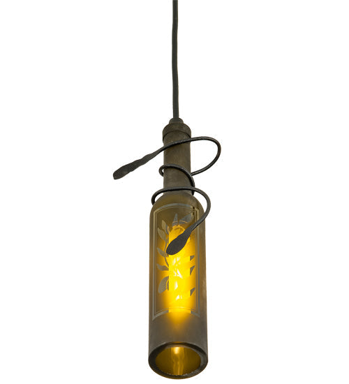 Meyda Lighting Tuscan Vineyard 5" Black Etched Olive Branch Mini Pendant Light With Green Wine Bottle Shade Glass
