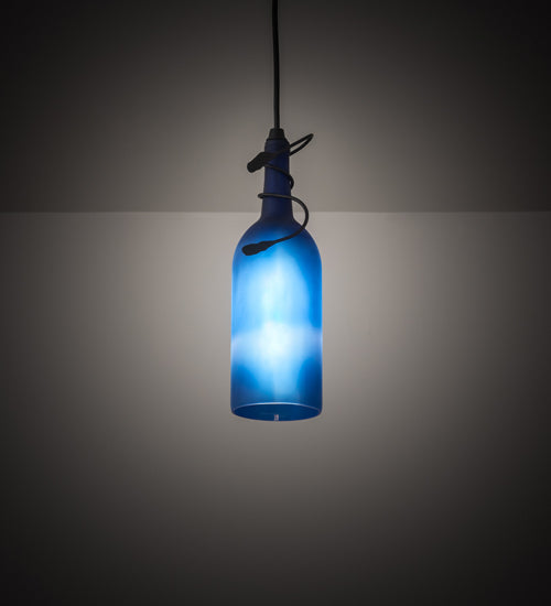 Meyda Lighting Tuscan Vineyard 5" Black Mini Pendant Light With Frosted Blue Wine Bottle Shade Glass
