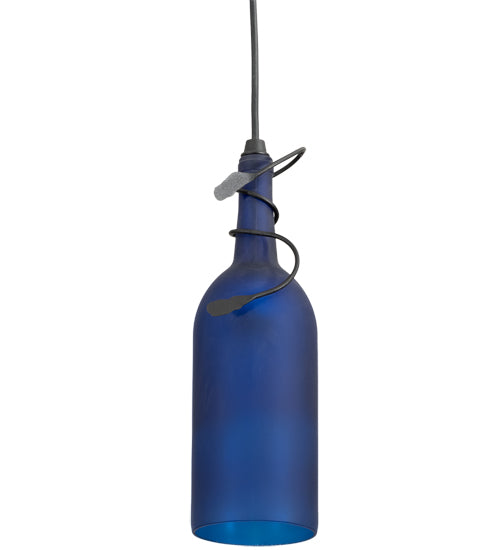 Meyda Lighting Tuscan Vineyard 5" Black Mini Pendant Light With Frosted Blue Wine Bottle Shade Glass