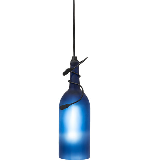 Meyda Lighting Tuscan Vineyard 5" Black Mini Pendant Light With Frosted Blue Wine Bottle Shade Glass