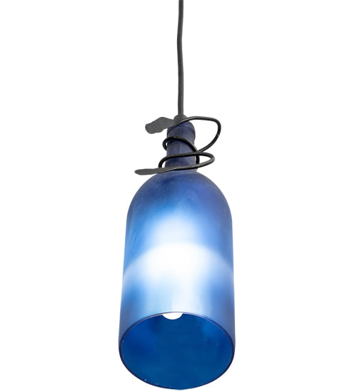 Meyda Lighting Tuscan Vineyard 5" Black Mini Pendant Light With Frosted Blue Wine Bottle Shade Glass