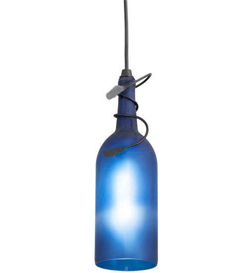 Meyda Lighting Tuscan Vineyard 5" Black Mini Pendant Light With Frosted Blue Wine Bottle Shade Glass