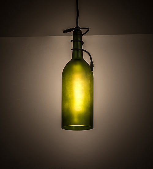 Meyda Lighting Tuscan Vineyard 5" Black Mini Pendant Light With Frosted Green Wine Bottle Shade Glass