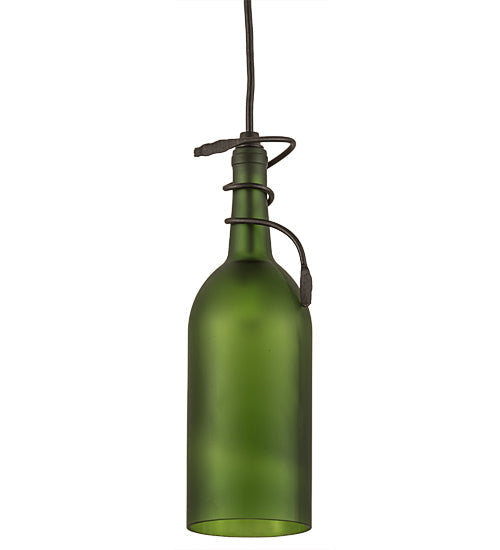 Meyda Lighting Tuscan Vineyard 5" Black Mini Pendant Light With Frosted Green Wine Bottle Shade Glass