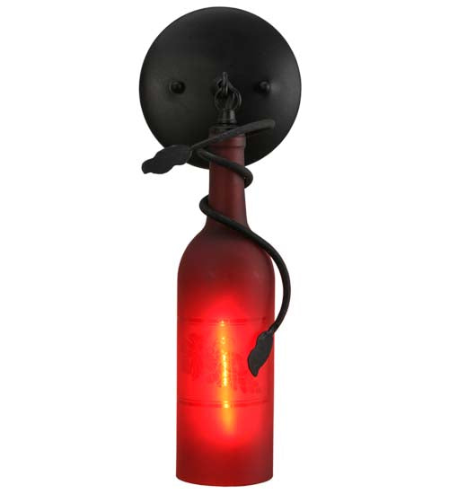 Meyda Lighting Tuscan Vineyard 5" Black Wall Sconce With Frosted Red Etched Grapes Wine Bottle Shade Glass