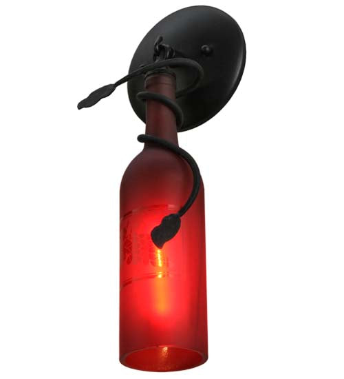 Meyda Lighting Tuscan Vineyard 5" Black Wall Sconce With Frosted Red Etched Grapes Wine Bottle Shade Glass