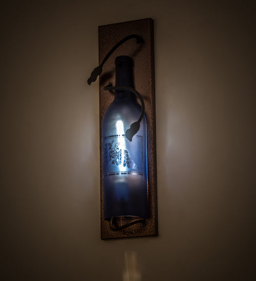 Meyda Lighting Tuscan Vineyard 5" Copper Vein Wall Sconce With Blue Sandblasted Wine Bottle Shade Glass