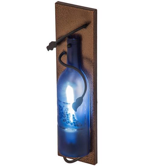 Meyda Lighting Tuscan Vineyard 5" Copper Vein Wall Sconce With Blue Sandblasted Wine Bottle Shade Glass