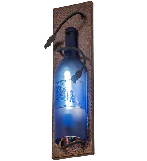 Meyda Lighting Tuscan Vineyard 5" Copper Vein Wall Sconce With Blue Sandblasted Wine Bottle Shade Glass