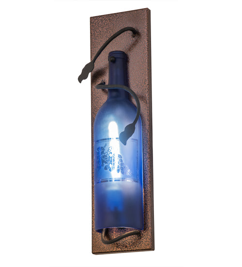 Meyda Lighting Tuscan Vineyard 5" Copper Vein Wall Sconce With Blue Sandblasted Wine Bottle Shade Glass