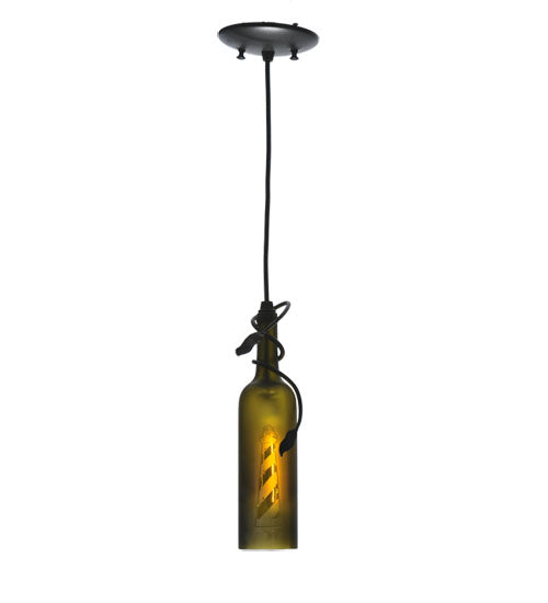Meyda Lighting Tuscan Vineyard 5" Textured Black Lighthouse Mini Pendant Light With Green Wine Bottle Shade Glass