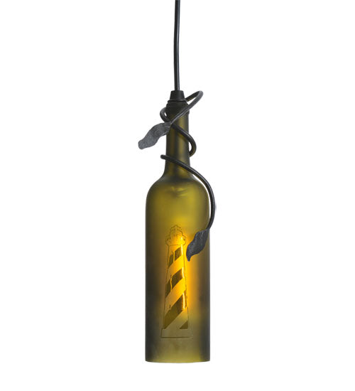 Meyda Lighting Tuscan Vineyard 5" Textured Black Lighthouse Mini Pendant Light With Green Wine Bottle Shade Glass
