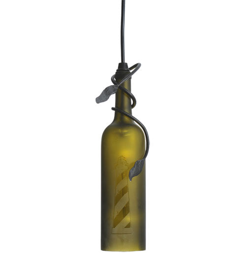 Meyda Lighting Tuscan Vineyard 5" Textured Black Lighthouse Mini Pendant Light With Green Wine Bottle Shade Glass