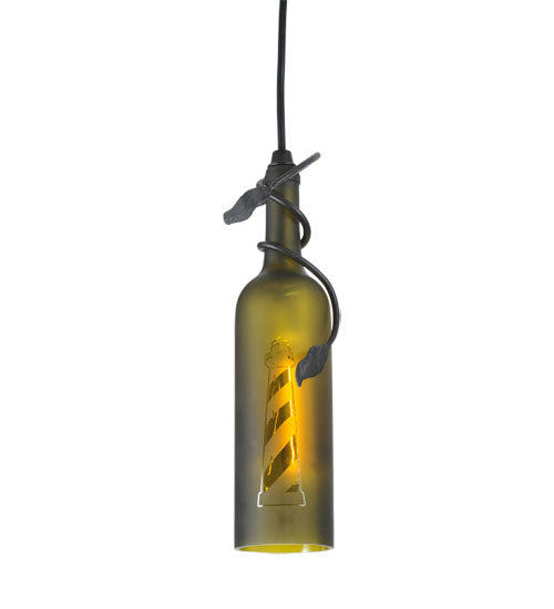 Meyda Lighting Tuscan Vineyard 5" Textured Black Lighthouse Mini Pendant Light With Green Wine Bottle Shade Glass