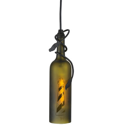 Meyda Lighting Tuscan Vineyard 5" Textured Black Lighthouse Mini Pendant Light With Green Wine Bottle Shade Glass