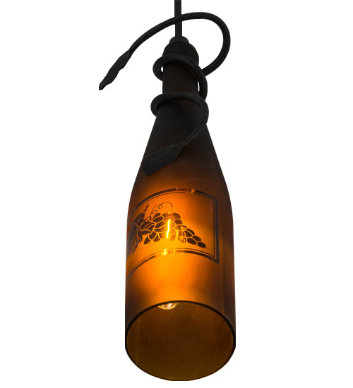 Meyda Lighting Tuscan Vineyard 5" Textured Black Mini Pendant Light With Amber Sandblasted Bottle Shade Glass