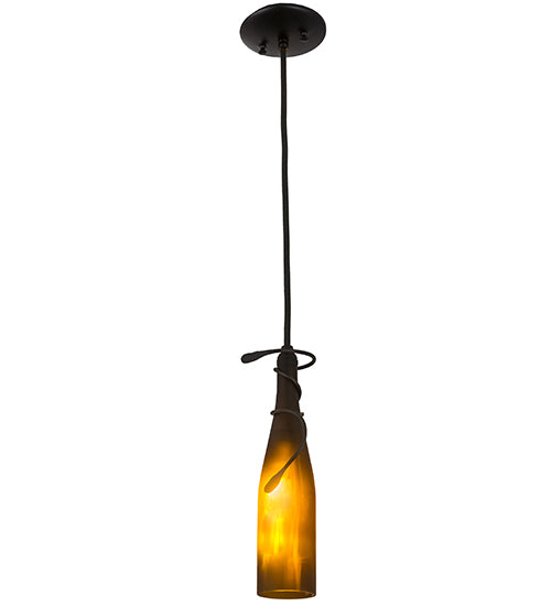 Meyda Lighting Tuscan Vineyard 5" Textured Black Mini Pendant Light With Frosted Amber Wine Bottle Shade Glass