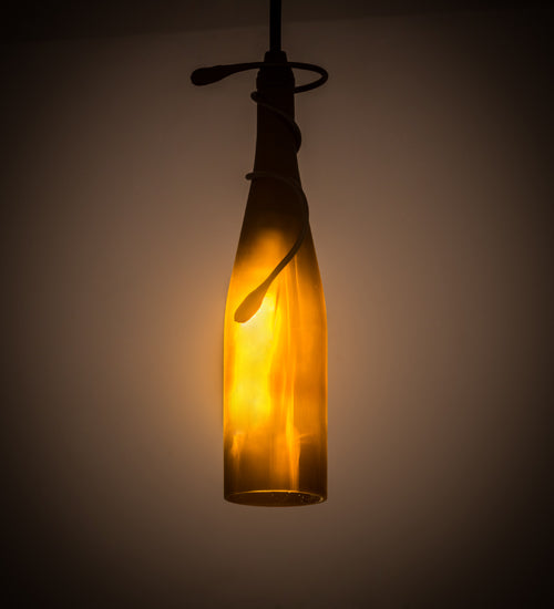 Meyda Lighting Tuscan Vineyard 5" Textured Black Mini Pendant Light With Frosted Amber Wine Bottle Shade Glass