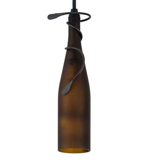 Meyda Lighting Tuscan Vineyard 5" Textured Black Mini Pendant Light With Frosted Amber Wine Bottle Shade Glass