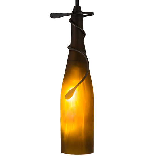 Meyda Lighting Tuscan Vineyard 5" Textured Black Mini Pendant Light With Frosted Amber Wine Bottle Shade Glass