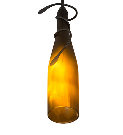 Meyda Lighting Tuscan Vineyard 5" Textured Black Mini Pendant Light With Frosted Amber Wine Bottle Shade Glass
