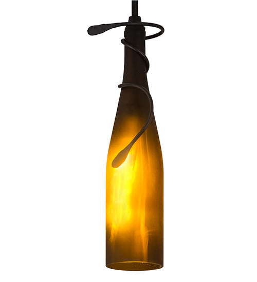 Meyda Lighting Tuscan Vineyard 5" Textured Black Mini Pendant Light With Frosted Amber Wine Bottle Shade Glass